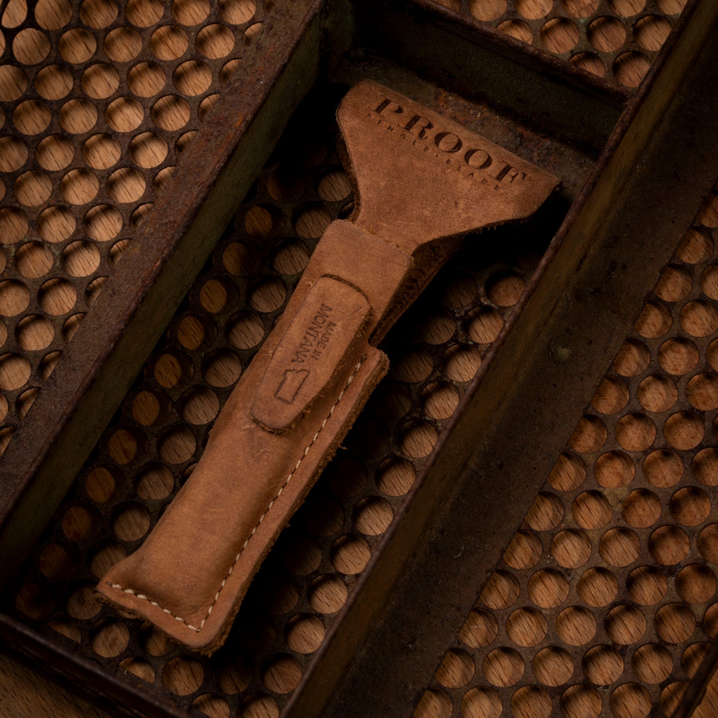 Proof Benchmark Single Blade Razor Leather Case in Context